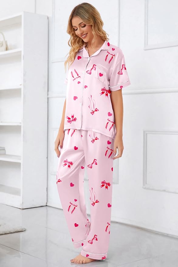Umeyda Girls Womens Pajamas Set, Satin Silky Button Down Loungewear 2 Piece Short Sleeve Pants PJS Sets for Mommy Kids