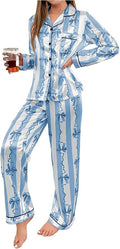 WDIRARA Women's 2 Piece Bowknot Print Satin Pajama Set Long Sleeve Button Down Lounge Pants Sleepwear Sets