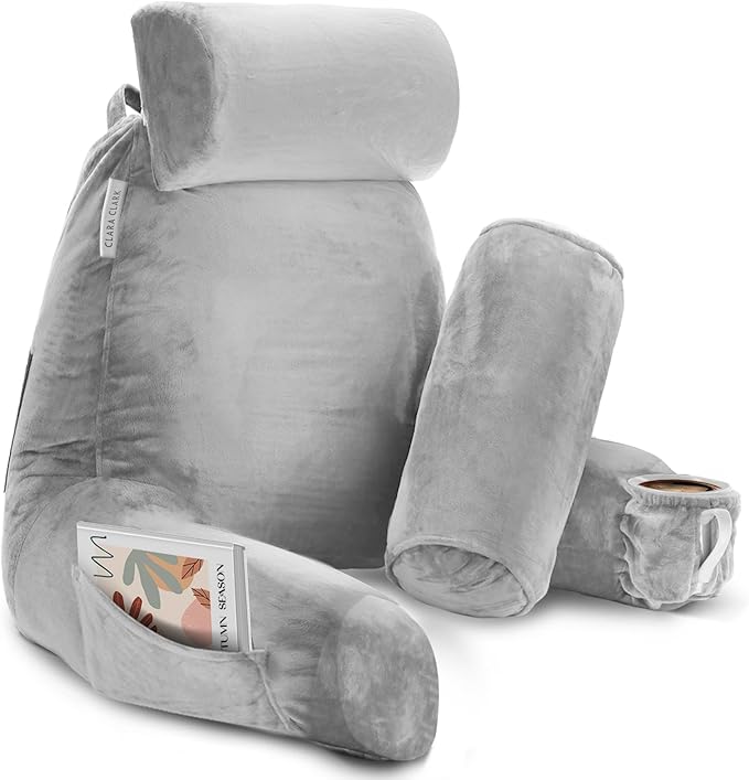 Clara Clark Reading Pillow with Shredded Memory Foam Includes 2 Neck and Lumber Support Pillows, Designed for Sitting Up in Bed and Couch Back and Arms Adjustable Support for Adults & Teens Light Grey