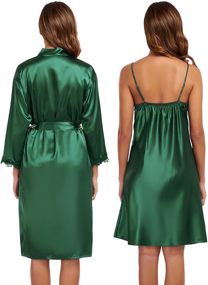 BestWendding Women's Silk Robe Set 2 Pieces Pajamas Sets Sexy Soft Satin Robe with V Neck Camisole Lingerie Nightgown