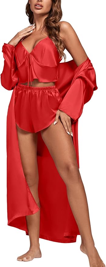 OPOIPIN Women's 3 Piece Pajama Set Sexy Cami Top and Shorts with Robe Sleepwear Loungewear Set