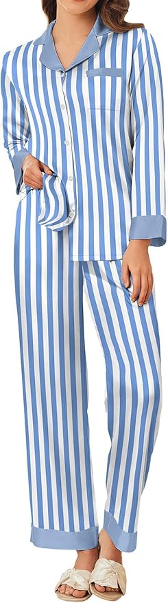 Ekouaer Silk Pajamas for Women Long Sleeve Satin Pajama Set Silky Pj Sets 2 Piece Button Down Loungewear Sleepwear
