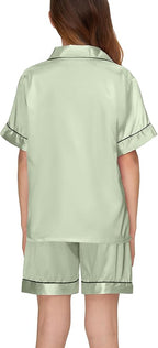 EPLAZA Kids Satin Pajamas Sets Girls Boys Button-Down Silky Pajamas Sleepwear with Hairband Eye Mask Hair Tie