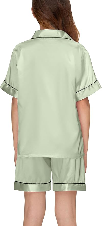 EPLAZA Kids Satin Pajamas Sets Girls Boys Button-Down Silky Pajamas Sleepwear with Hairband Eye Mask Hair Tie