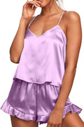CHYRII Women's Sexy Silk Satin Ruffled Pajamas Sets Cami Shorts Sets Sleepwear