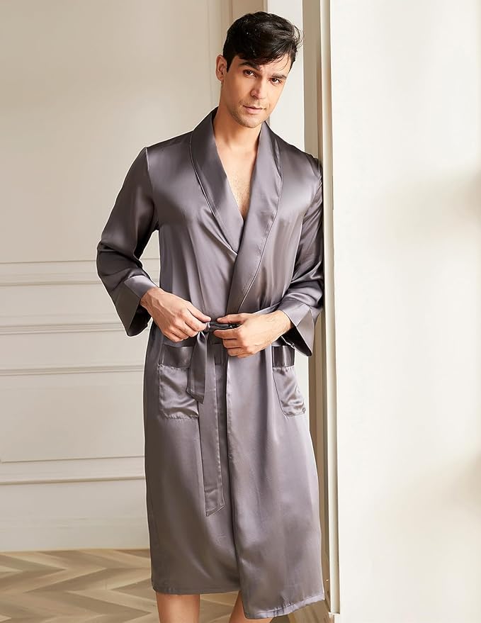 THXSILK Men’s Silk Robe Long Bathrobes, Luxury Lightweight Sleepwear, Two Pockets, Pure Mulberry Silk loungewear