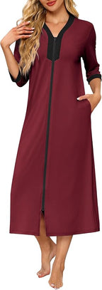 Ekouaer Women's Zipper Robe 3/4 Sleeves Housecoat Full Length Nightgown Soft Loungewear Robe with Pockets S-3XL