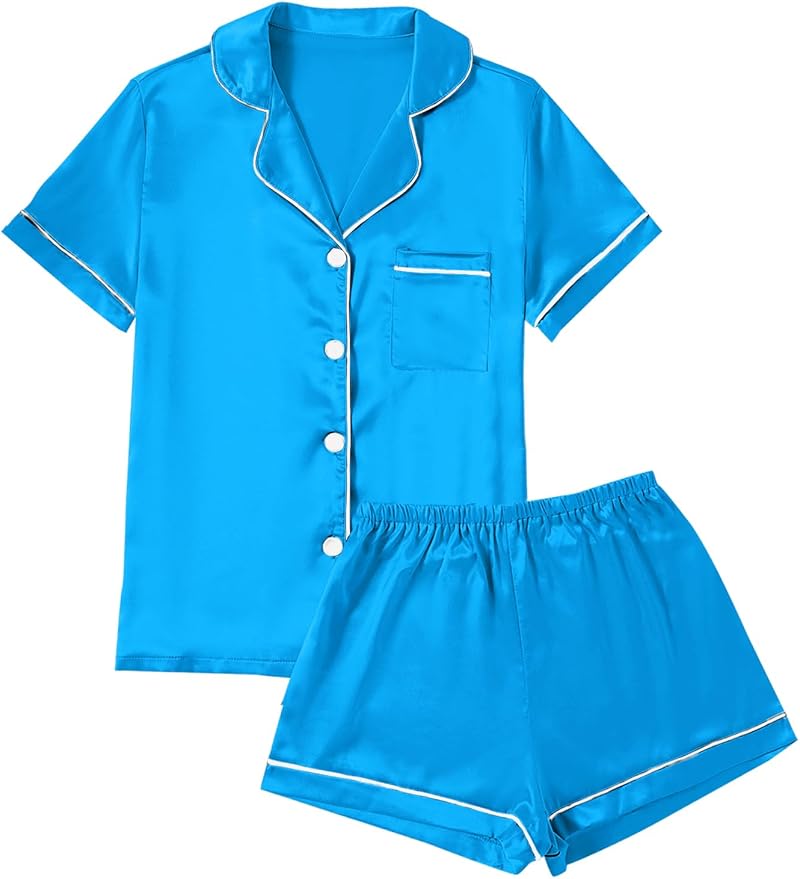 LYANER Women's Silky Satin Pajamas Set Short Sleeve Button Down Shirt With Shorts Pjs Set Sleepwear