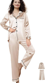 WJing Yi Jia 3Pcs Satin Pajama Sets For Women XS-3XL Womens Silk Pajamas Set Silky Sleepwear Nigtwear Loungewear Long Pj Set