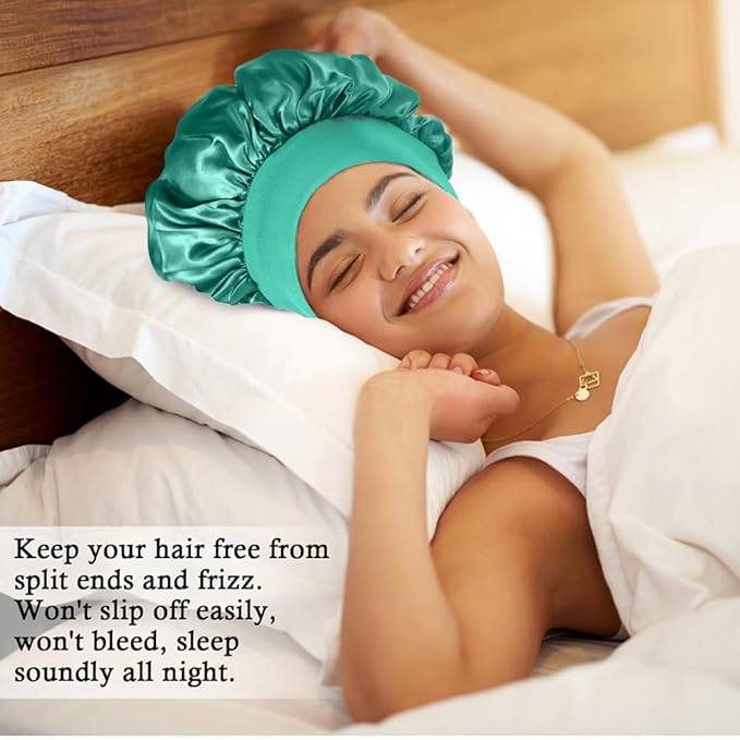 4Pcs Satin Bonnet Silk Bonnet, Hair Bonnet for Sleeping, Elastic Wide Band Silk Sleep Cap, Shower Cap Soft and Breathable (Green Series)