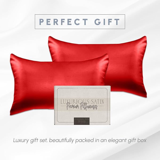 Elegant Comfort 2-Pack Cooling Viscose Satin Pillowcase Set with Hidden Zipper Closure, Silky Smooth for Best Hair and Skin Care-Beautiful Gift Box-2-Piece Satin Pillowcase Set, Standard/Queen, Red