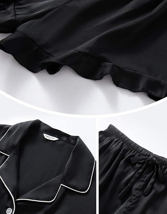 SAPJON Silk Pajamas for Women Set 4Pcs Ruffled Satin Pajamas Set Button Down Short Sleeve Cami Shorts Sleepwear Pj Set