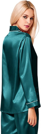 SWOMOG Womens Silk Satin Pajamas Set Long Sleeve Button Down Sleepwear 2 Piece Lounge Set Pj Set XS-3XL