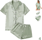 WJing Yi Jia 4Pcs Womens Satin Silky Pajama Sets Short Sleeve Shirt XS-4XL Floral Pajamas Set Soft PJ Loungewear Sleepwear