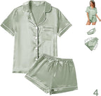 WJing Yi Jia 4Pcs Womens Satin Silky Pajama Sets Short Sleeve Shirt XS-4XL Floral Pajamas Set Soft PJ Loungewear Sleepwear