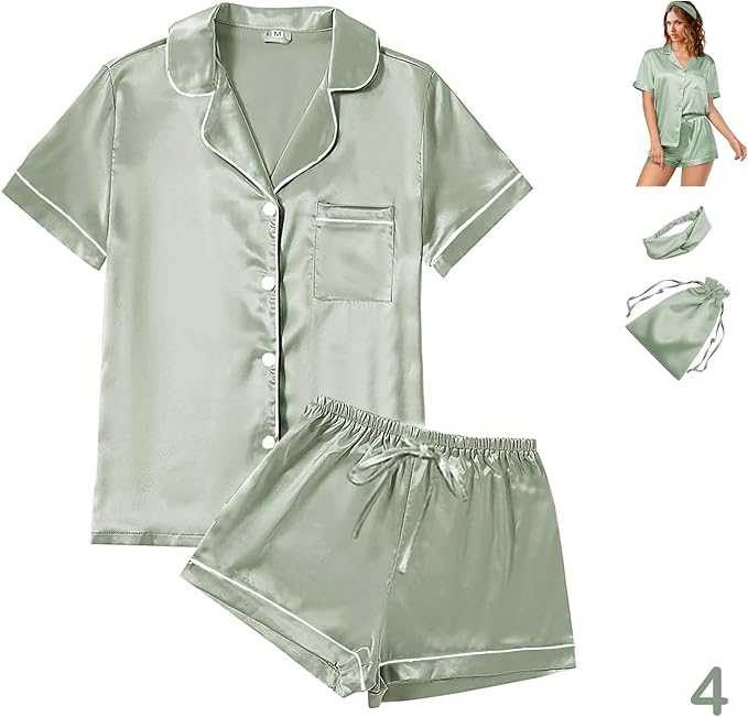 WJing Yi Jia 4Pcs Womens Satin Silky Pajama Sets Short Sleeve Shirt XS-4XL Floral Pajamas Set Soft PJ Loungewear Sleepwear