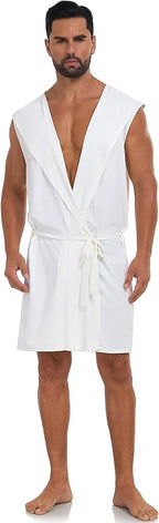 VintageClothing Men's Summer Robe with Hooded Lightweight Bathrobe House Kimono Sleeveless Sexy Sleepwear Pajamas