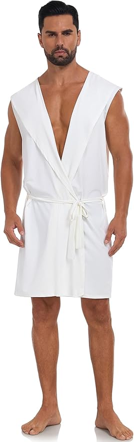 VintageClothing Men's Summer Robe with Hooded Lightweight Bathrobe House Kimono Sleeveless Sexy Sleepwear Pajamas