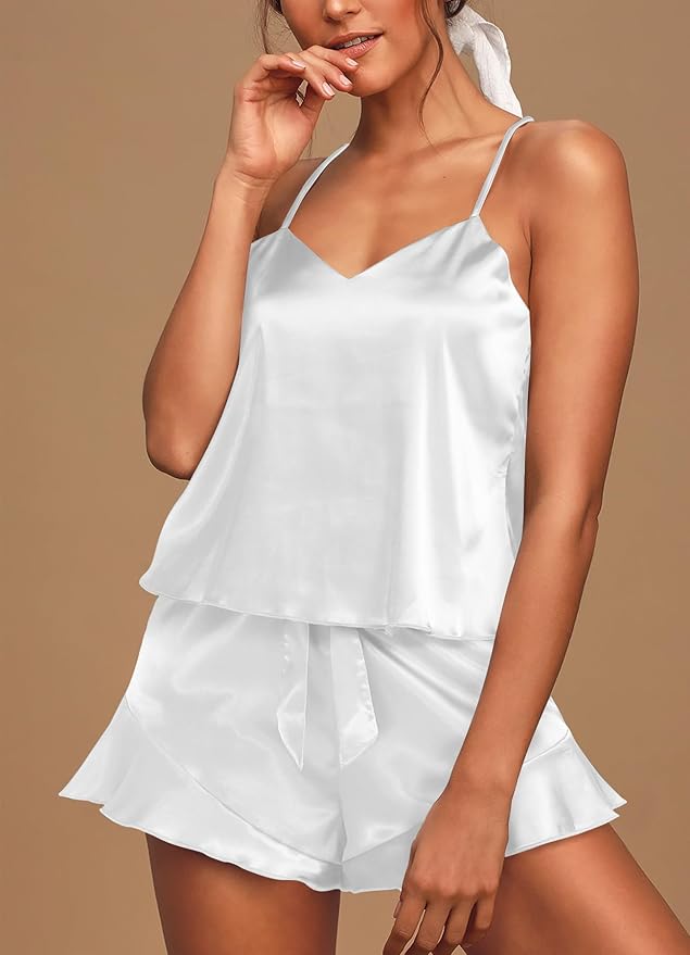 Aamikast Womens Silk Satin Pajama Sets Sexy Cami Ruffled Shorts Sets 2 Piece Pjs Sleepwear