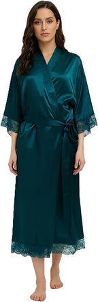 Long Satin Robes for Women Ankle Length Kimono Robes Silky Bridal Party Robes with Lace Trim Bridesmaid Loungewear Sleepwear