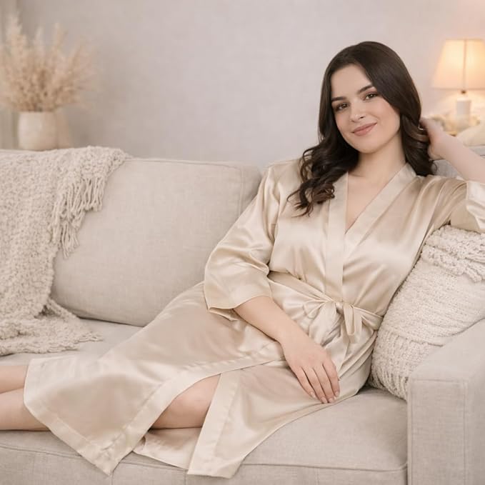 Silk Robes for Women Ankle Length Satin Kimono Robes with Belt Bridemaids Sleepwear Bachelorette Nightgown