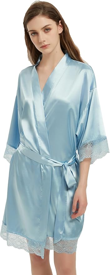 Kihnop Women's Satin Robe Silk Robe Lace Bridal Robes for Bride Bridesmaid Robes Silky Bathrobe Getting Ready Sleepwear