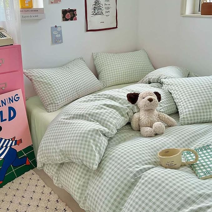 Nayoroom Green Gingham Duvet Cover Queen Size Plaid Checkered Duvet Cover Girls Dorm Bedding Set 3 Pieces Soft Lightweight Washed Microfiber Farmhouse Bedding with Pillowcases
