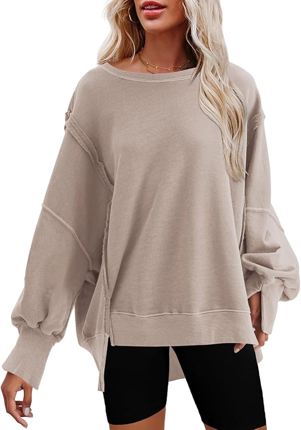 Nirovien Womens Oversized Crewneck Sweatshirt Side Slit Long Sleeve Pullover Slouchy Fit Tops