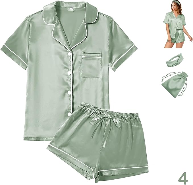 WJing Yi Jia 4Pcs Womens Satin Silky Pajama Sets Short Sleeve Shirt XS-4XL Floral Pajamas Set Soft PJ Loungewear Sleepwear