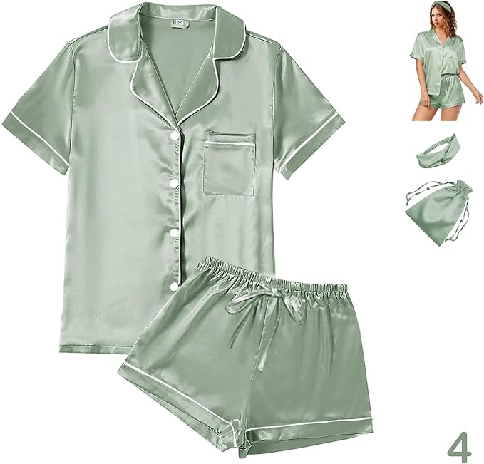 WJing Yi Jia 4Pcs Womens Satin Silky Pajama Sets Short Sleeve Shirt XS-4XL Floral Pajamas Set Soft PJ Loungewear Sleepwear