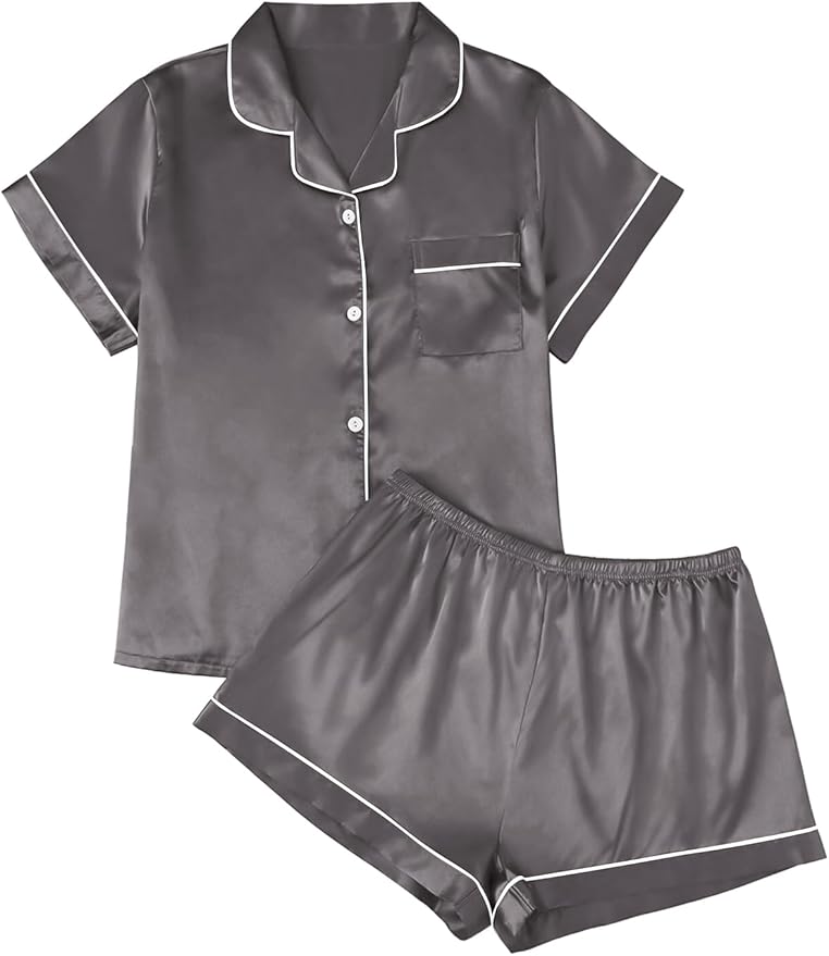 LILLUSORY Silk Satin Pajama Set for Women 2 Piece Lounge Pjs Winter Matching Summer Sleepwear Button Down Shirt Shorts