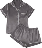 LILLUSORY Silk Satin Pajama Set for Women 2 Piece Lounge Pjs Winter Matching Summer Sleepwear Button Down Shirt Shorts