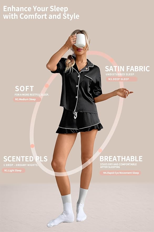 CHYRII Women's Silk Satin Pajamas Two Piece Pj Sets Short Sleeve Tops Ruffled Shorts Sleepwear with Magnetic Diffuser
