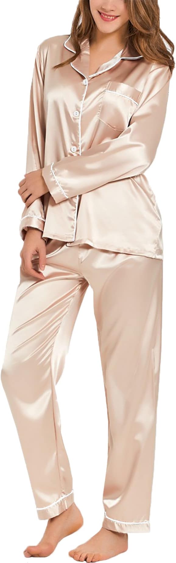 SWOMOG Womens Silk Satin Pajamas Set Long Sleeve Button Down Sleepwear 2 Piece Lounge Set Pj Set XS-3XL
