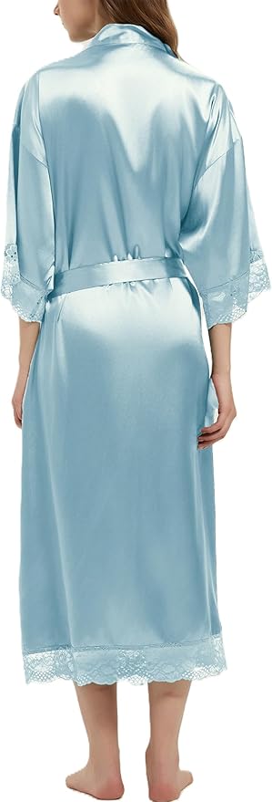 Long Satin Robes for Women Ankle Length Kimono Robes Silky Bridal Party Robes with Lace Trim Bridesmaid Loungewear Sleepwear