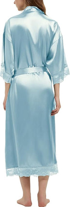 Long Satin Robes for Women Ankle Length Kimono Robes Silky Bridal Party Robes with Lace Trim Bridesmaid Loungewear Sleepwear