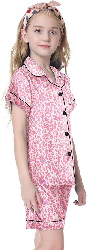 Umeyda Women & Girls Pajamas Set, Soft Satin Lightweight Silk Button-Down Top with Shorts 2 Piece PJS for Mom Boys Kids Gifts