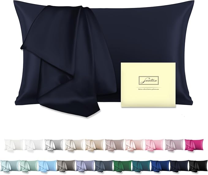 Natural Mulberry Silk Pillowcase for Hair and Skin Queen Size 20"X30" Pillow Case with Hidden Zipper Soft Breathable Smooth Cooling Silk Pillow Covers for Sleeping (Navy Blue,Queen,1Pcs)