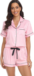 Serenedelicacy Women's Satin Pajama Set 2-Piece Sleepwear Loungewear Button Down Short Sleeve Silky PJ Set