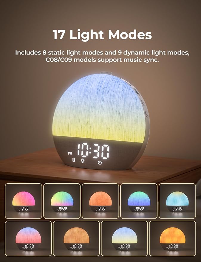 LIORQUE Sunrise Alarm Clock, Digital Alarm Clocks Bedside, Wake up Light with White Noise for Heavy Sleepers, 30 Sleep Sounds, Sleep Timer, Adjustable Volume & Brightness,Screen Free Design, Bluetooth