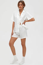 CHYRII Women's Silk Satin Pajamas Sets Tie Front Short Sleeve Tops and Shorts Two Piece Pj Sets Sleepwear