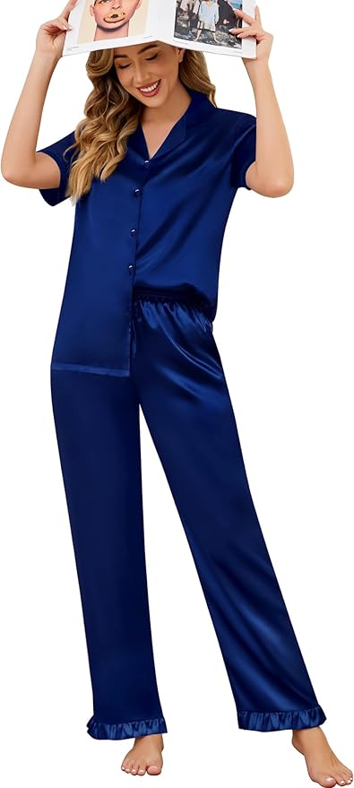 SWOMOG Women Satin Pajamas Set Short Sleeve Top & Pants Sleepwear Silky Button Down Nightwear 2pcs Loungewear Pjs Set