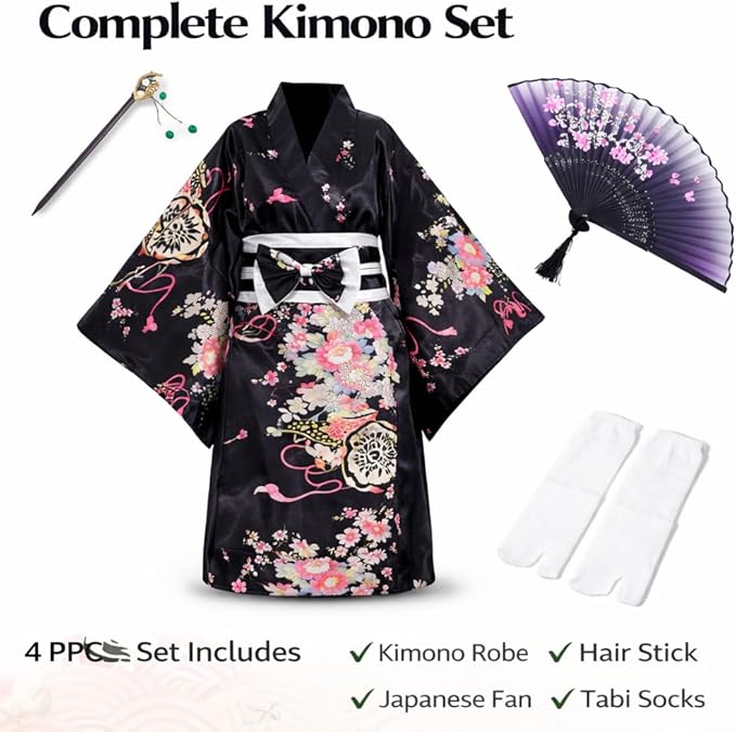 Kimonos for Women Japanese Style Satin Kimono Robe with Bow Belt Fan Hair Accessory and Tabi Socks