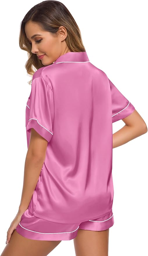 SWOMOG Womens Silk Satin Pajamas Set Short Sleeve Sleepwear Button Down Top and Shorts Loungewear 2 Piece Pjs Set XS-3XL