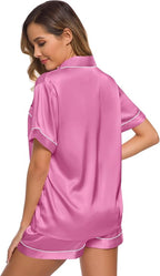 SWOMOG Womens Silk Satin Pajamas Set Short Sleeve Sleepwear Button Down Top and Shorts Loungewear 2 Piece Pjs Set XS-3XL