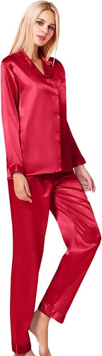 SWOMOG Womens Silk Satin Pajamas Set Long Sleeve Button Down Sleepwear 2 Piece Lounge Set Pj Set XS-3XL