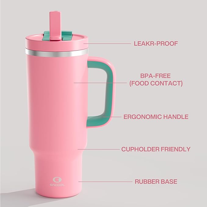ENCOOL 40 oz Tumbler with Handle and Straw: Stainless Steel Insulated Tumbler Keeps Cold for 24 Hours, Leakproof Travel Cup Fits in Cup Holder and BPA-Free,Tulip