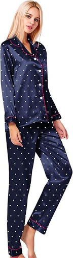 SWOMOG Womens Silk Satin Pajamas Set Long Sleeve Button Down Sleepwear 2 Piece Lounge Set Pj Set XS-3XL