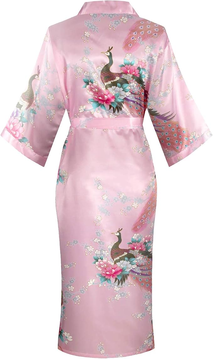 Valennia Women Long Silky Bathrobe Satin Kimono Robe Floral Printed Dressing Gown Sleepwear