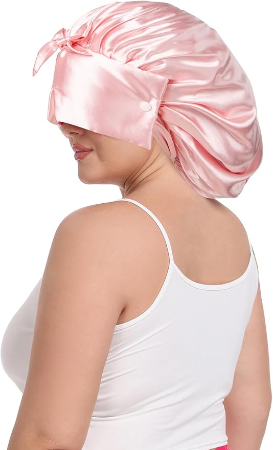 Double Layer Satin Bonnet with Detachable Eye Mask Night Cap for Curly Braids Hair Reduces Frizz Locks in Moisture